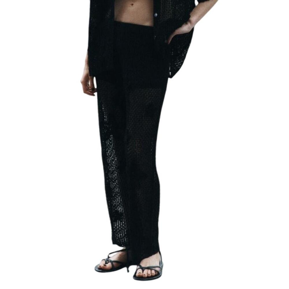 Zara S NEW Womens Mesh Wide Leg Knit Pull On Pants Black Blogger Fav